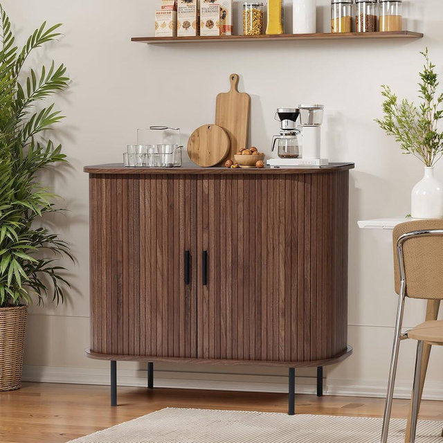 LuxenHome Sideboard Buffet Cabinet with Storage, 35" Walnut Mid Century Modern Accent Cabinet, Sliding Door Entryway Small Storage Cabinets for Kitchen, Living Room, Entryway