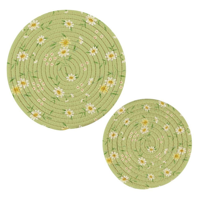 ElliTarr Pot Holders Trivets 2 PC Potholders for Kitchen Cotton Trivets for Hot Dishes Pans Cotton Thread Weave Trivet Mat Heat Resistant Decorative Round Protect Countertop Green Daisy