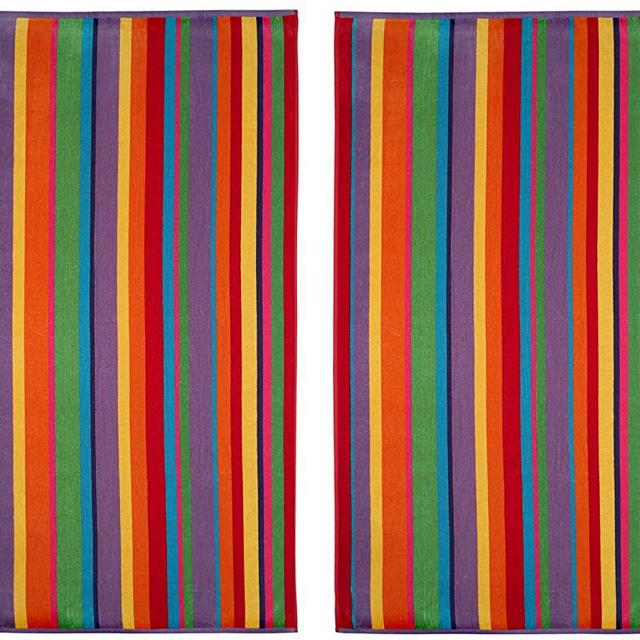 COTTON CRAFT - Jacquard Double Woven Velour Beach Towel 32x63 2 Pack, Summer of Siam Multi Stripe, Thick Plush Luxurious Velour Pile, 450 GSM, 100% Pure Ringspun Cotton, Brilliant Vibrant Colors