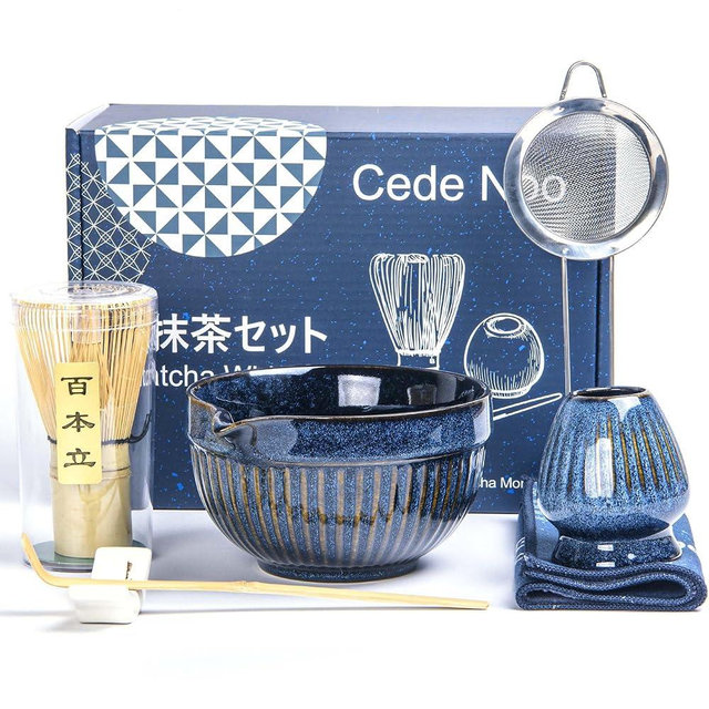 7pcs Matcha Whisk Set with 18oz Spout Bowl, Japanese Tea Ceremony Kit, Natural Bamboo Whisk Scoop, Ceramic Holder Sifter Towel, Best Gift for Beginners and Matcha Lovers