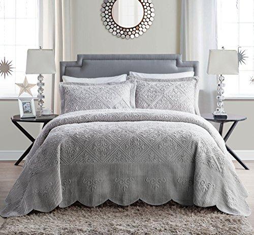 VCNY Home Westland 3 Piece Plush Quilted Bedspread Set, King, Grey, 3