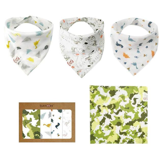Dinosaur Bibs - Organic Bibs Absorbent Breathable Bandana for Summer, 1 Square Bandana and 3 Drool Bibs for Teething Babies, Green