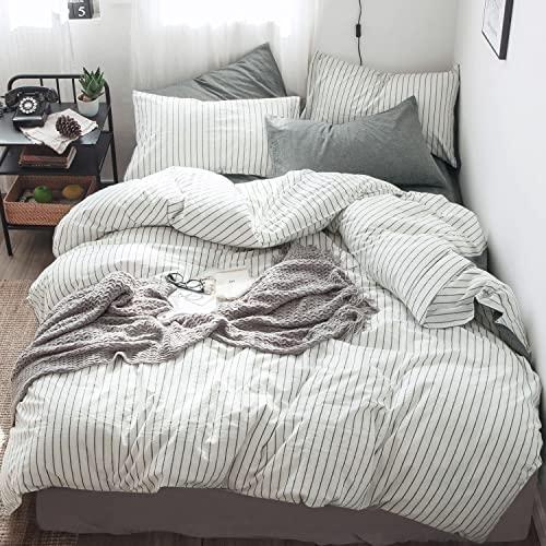 MooMee Bedding Duvet Cover Set 100% Washed Cotton Linen Like Textured Breathable Durable Soft Comfy (3pcs, White&Black Stripe, Queen)