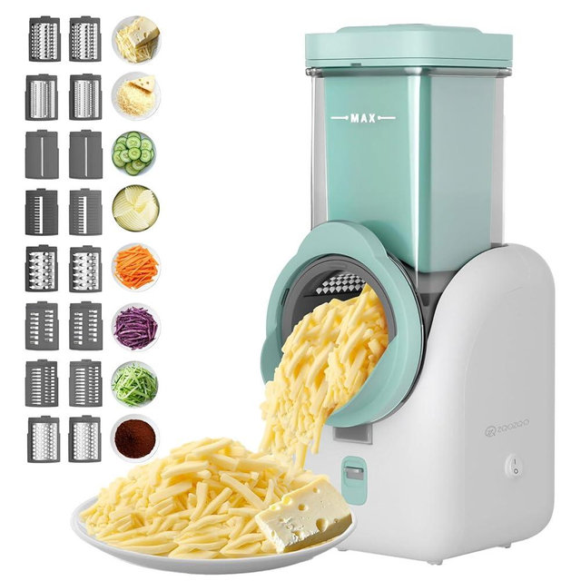 Upgraded 8-in-1 Electric Cheese Grater & Electric Cheese Shredder with 8 Interchangeable Blades for Cheese, Vegetables, Fruits and Nuts