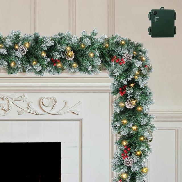 Christmas Garland with Timer - Prelit Xmas Garlands with Lights - Lighted Pine Cone Berry Christmas Garlands with Battery Powered String Light for Indoor, Party, Home Decoration, 9 Ft by 10 Inch