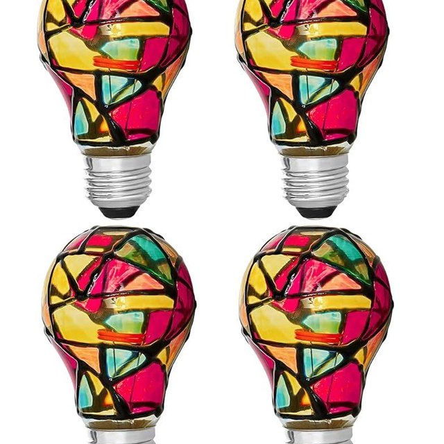 4 Pack LED Stained Glass Light Bulb A19 2W (25W Equivalent) E26 Base Painted Light Bulb Night Light Mosaic Light Bulb Party Light Bulb Stainglass Light Bulb - Tiffany Light Bulbs Atained Glass