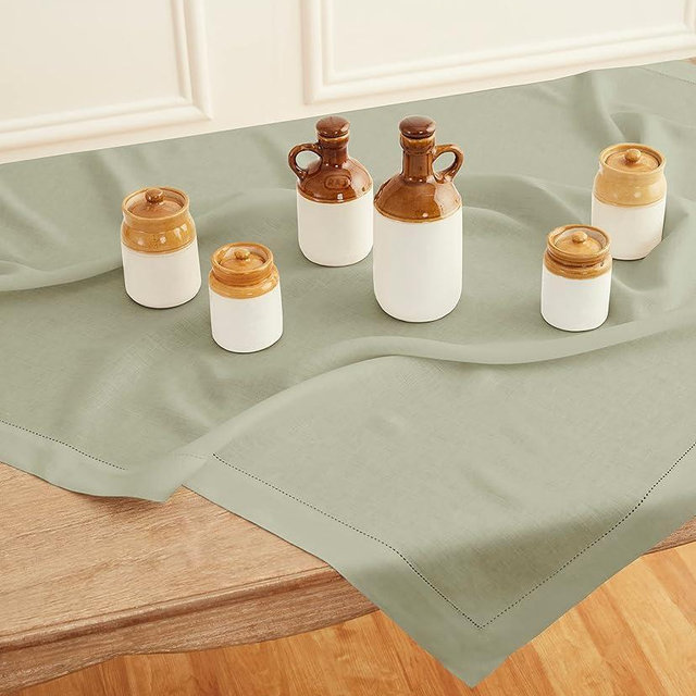 Solino Home Sage Green Linen Tablecloth 52 x 52 Inch - 100% Pure Linen Square Table Throw - Classic Hemstitch, Machine Washable Fabric Table Cloth for Spring, Mothers Day, Father's Day, Summer