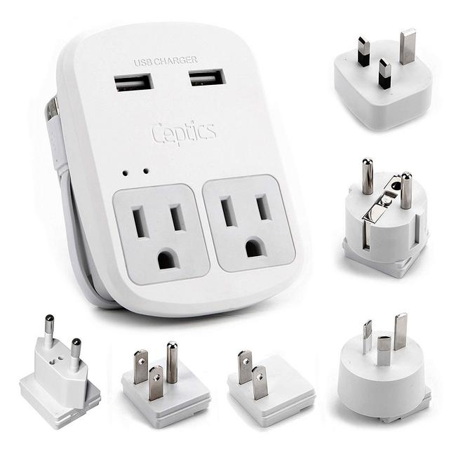 Ceptics World Travel Adapter Kit - 2 USB + 2 US Outlets, Surge Protection, Plug for Europe, UK, China, Australia, Japan - Perfect for Laptop, Cell Phones (Does Not Convert Voltage) (WPS-2B+)