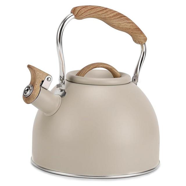 Tea Kettle, Vegoran 100 OZ / 3 Liter Whistling Tea Kettle, Tea Pots for Stove Top Food Grade Stainless Steel with Wood Pattern Folding Handle, Loud Whistle Kettle for Tea, Coffee, Milk (Milk White)