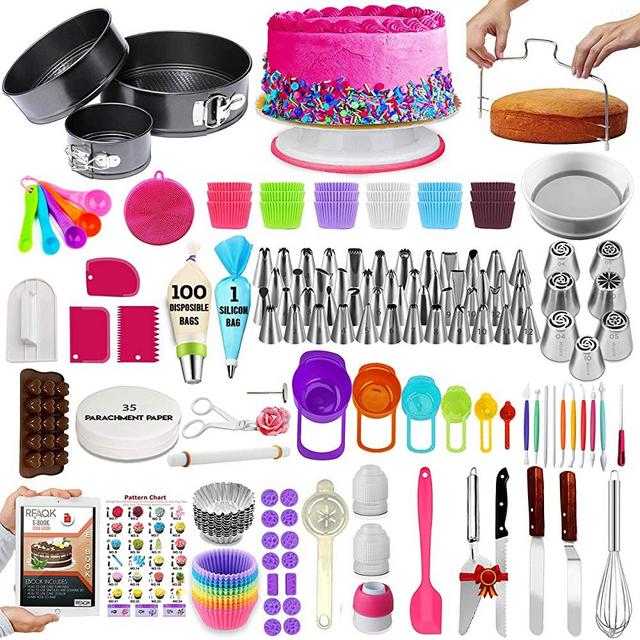 500 Pcs Cake Decorating Supplies Kit with Baking supplies- Springform Pan Set -Cake Turntable stand Numbered Piping Tips & Bags Russian tips Icing Spatulas Fondant tools Measuring cups & Spoons