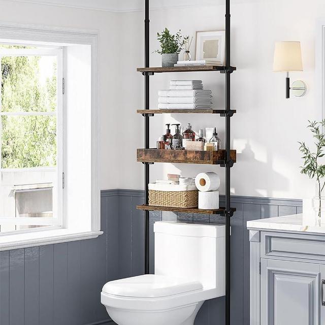ALLZONE 4-Tier Over The Toilet Storage Shelf, Wood Bathroom Organizer Over Toilet Cabinet with Adjustable Shelf, Versatile Rack Fits Most Tight Space, Easy Assembly, 92" to 116" Height, Brown