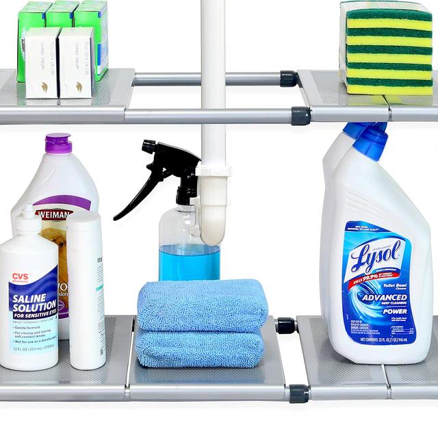 SimpleHouseware Under Sink 2 Tier Expandable Shelf Organizer Rack, Silver (expand from 15 to 25 inches)