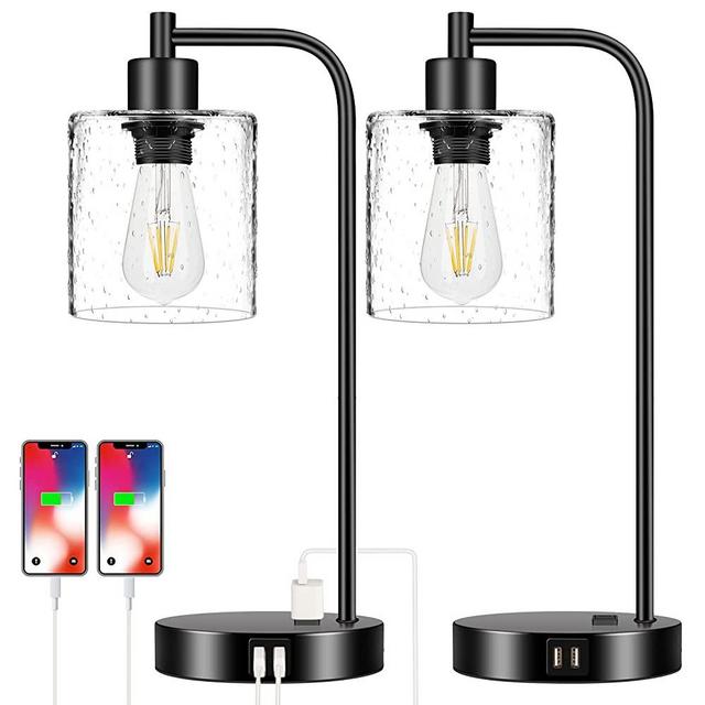 Set of 2 Industrial Touch Control Table Lamps, 3-Way Dimmable Desk lamp with 2 USB Ports and AC Outlet, Nightstand Bedside Lamps with Seeded Glass Shade for Bedroom Office, 2 LED Bulbs Included