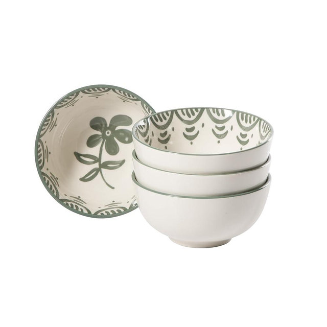 Bloomhouse - 2-Time Oprah’s Favorite Things - Valencia Flor 4 Piece 6” Cereal Bowl Set, Stoneware Bowls, Mediterranean Floral Decal Design, Microwave & Dishwasher Safe, Fern Green