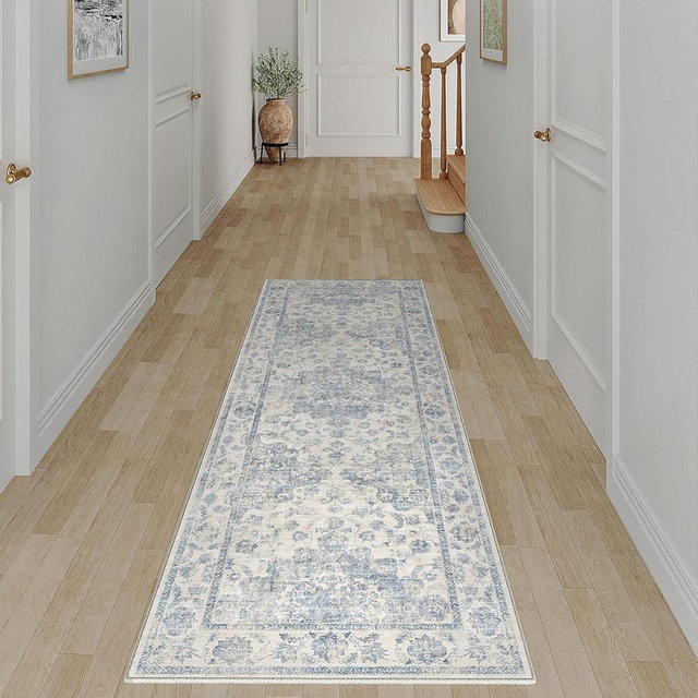 WondRg 2x5 Washable Neutral Runner Rug Blue Vintage Hallway Kitchen Carpet Non-Slip Soft Low Pile Floral Throw Rug for Bedroom Bathroom Laundry Living Room