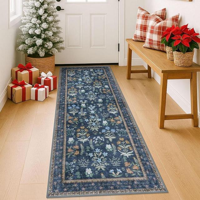 Lansny Boho Floral Machine Washable Runner Rug 2x6, Navy Kitchen Runner Rug Non-Slip, Super Thin Hallway Rug Runner Printed Faux Wool Soft Carpet for Entryway Bedroom Laundry Room Indoor