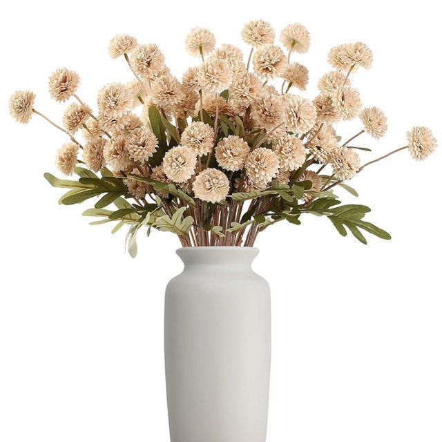 HNVNER Beige Fake Flowers Long Stem 10PCS, Artificial Flowers Silk Mini Chrysanthemums for Vase, Fake Pompon Mums Vintage Dried Faux Decorative for Home Centerpieces Farmhouse