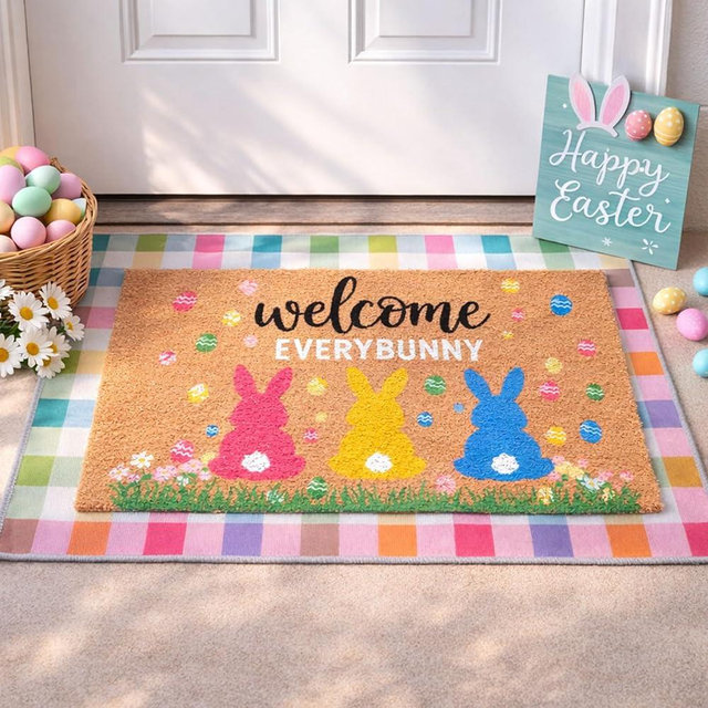 2pcs Easter Doormat Set, Layered Bunny Welcome Mat with Colorful Checkered Outdoor Rug, Non-Slip Front Door Mats for Indoor Outdoor Porch Entryway, Spring Easter Front Porch Decor(Bunny)