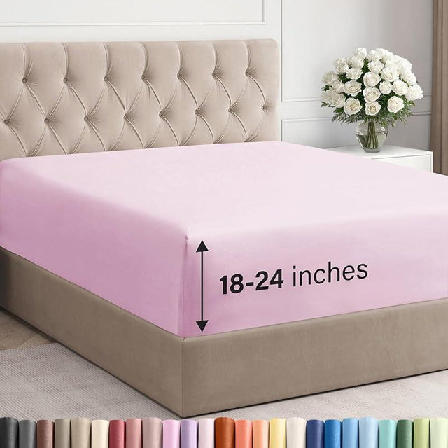 Extra Deep King Fitted Sheet - Hotel Luxury Single Fitted Sheet Only - Easily Fits 18 inch to 24 inch Mattress - Ultra Soft, Wrinkle & Fade Free w/Extra Deep Pockets - Breathable & Comfy - Light Pink
