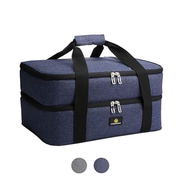 LaMèreDeLaTerre Insulated Double Casserole Carrier Thermal Tote for Baking Sheet Pan Bakeware Potluck Parties Picnic Travel Camping Hiking Beach Cookout Fits 11x15 or 9x13 Inches (Blue)