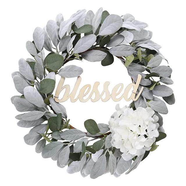 SY Super Bang Front Door Wreaths, Artificial Greenery Welcome Flocked Lambs Ear Wreath Decor with Letter Blessed, for Home Wall Porch Spring Summer Christmas Thankgivings Decorations, Indoor/Outdoor.