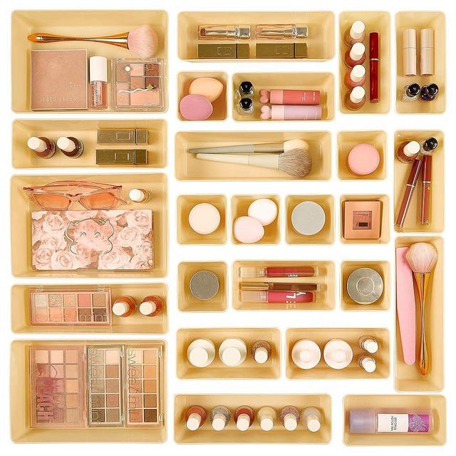 Vtopmart 25 PCS Plastic Drawer Organizers Set, 4-Size Versatile Bathroom and Vanity Drawer Organizer Trays, Storage Bins for Makeup, Bedroom, Kitchen Gadgets Utensils and Office