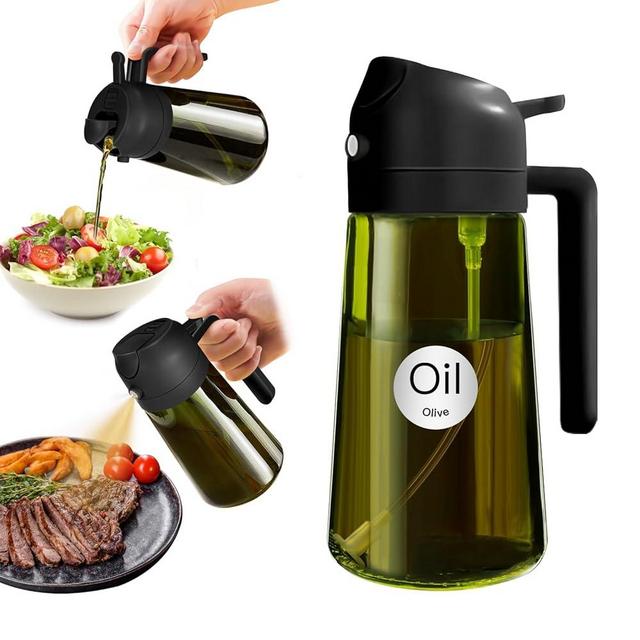 YARRAMATE 16oz/470ml Light-Blocking Dark Oil Sprayer for Cooking, 2 in 1 Olive Oil Dispenser Bottle for Kitchen, Premium Dark Green Glass Oil Bottle, Food-Grade Oil Mister for Air Fryer, BBQ (Black)