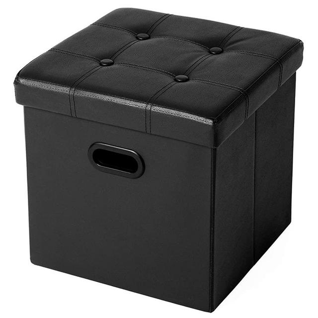 SONGMICS Folding Storage Ottoman, Cube Footrest, Puppy Step, Coffee Table with Hole Handles, 15 x 15 x 15 Inches, Max. Static Load 660 lb, Faux Leather, Black