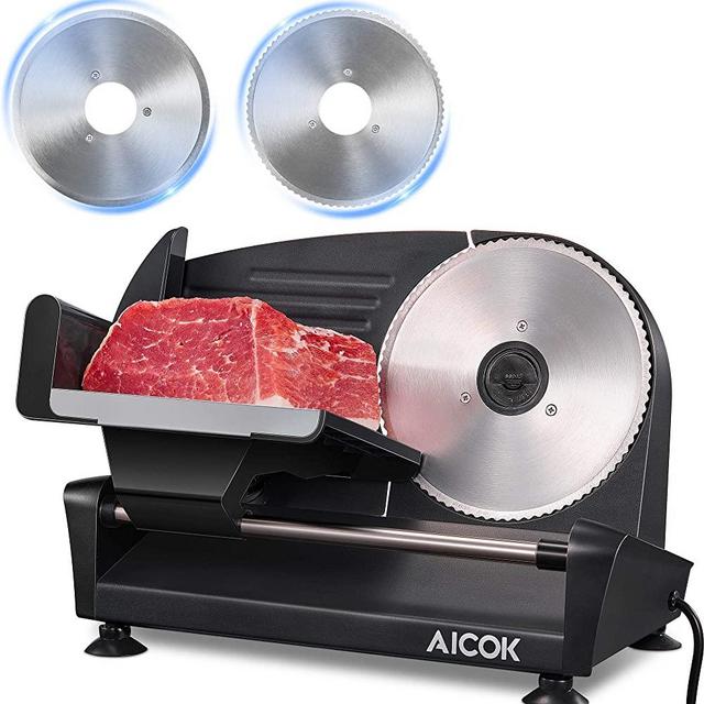 Meat Slicer, 200W Electric Deli & Food Slicer Machine with Two Removable 7.5’’ Stainless Steel Blades, Adjustable Thickness Knob (0-15mm) and Food Carriage for Meat, Cheese, Bread Fruit & Vegetables