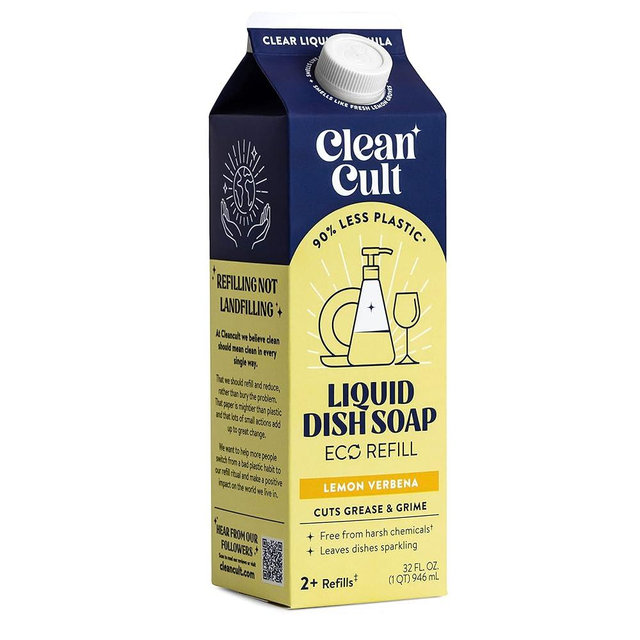 Cleancult Dish Soap Liquid Refills (32oz, 1 Pack) - Dish Soap that Cuts Grease & Grime - Free of Harsh Chemicals - Paper Based Eco Refill, Uses 90% Less Plastic - Lemon Verbena