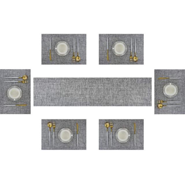 Bright Dream Table Runner and Placemats Set of 6 Kits Long Modern for Dinner Table Colorful Woven Vinyl Heat-resistand 11.8x70.8inches (1 Table Runner and 6 Placemats, Dimgray)
