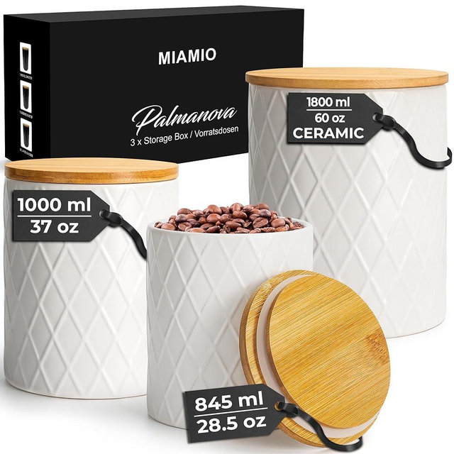 MIAMIO – Set of 3 Canister Sets for Kitchen Counter, Ceramic Kitchen Canister Set with Airtight Seal Wooden Lid - Perfect for Coffee, Tea, Sugar, Flour, Tea, Salt and More (White)