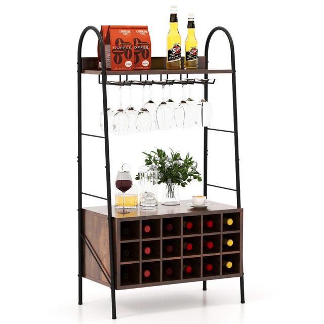 Costway Industrial Rack Freestanding Bottle Holder with Stemware Holder & Open Shelves