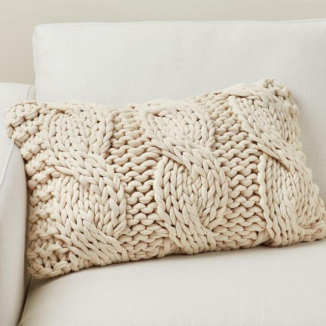 Colossal Handknit Lumbar Pillow Cover, 16" x 26", Ivory