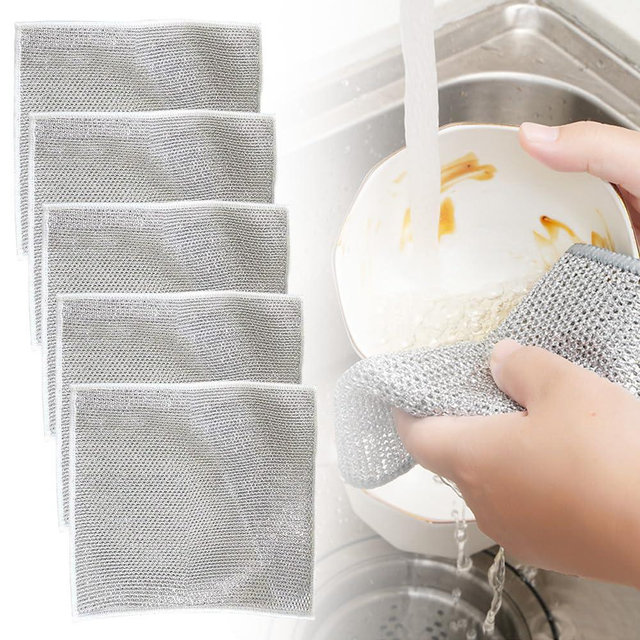 ROWPOZ Multipurpose Wire Dishwashing Rags for Wet and Dry, 2024 New Double Layer Wire Cleaning Cloths Non Scratch Wire Dishcloth Rag, Reusable Scrubbing Pads for Washing Dishes Kitchen Supplies (5)