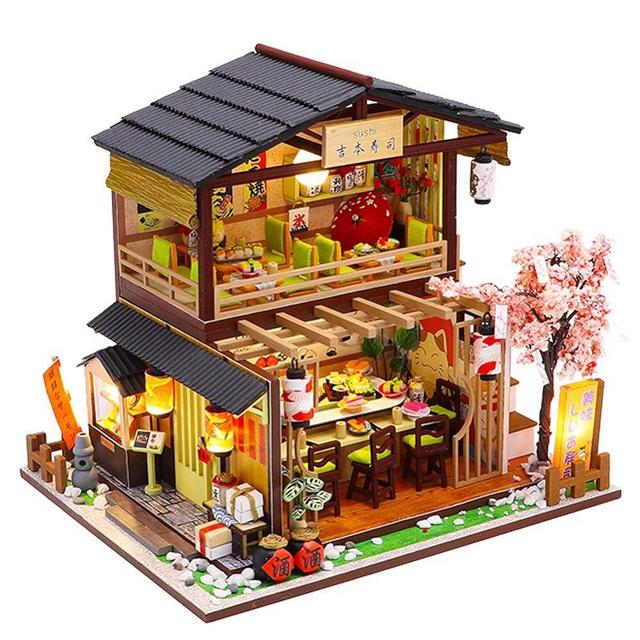 WYD DIY Dollhouse Miniature with Furniture Japanese-Style Double-Decker Wooden Dollhouse Kit 1:24 Scale Creative Room Toy Furniture Decoration (Yoshimoto Sushi Restaurant)