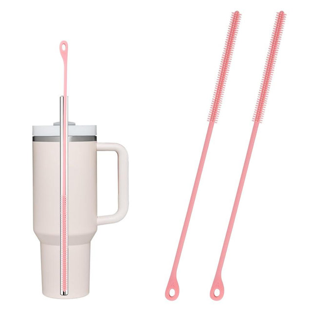 2pcs Silicone Straw Cleaner Brush, 9.5in Extra Long Reusable Straw Brush for Stanley, Metal, Glass Straws, Bendable Travel Drinking Bottle Lid Cleaning Tool for Crevice Pipe Tube (Pink)