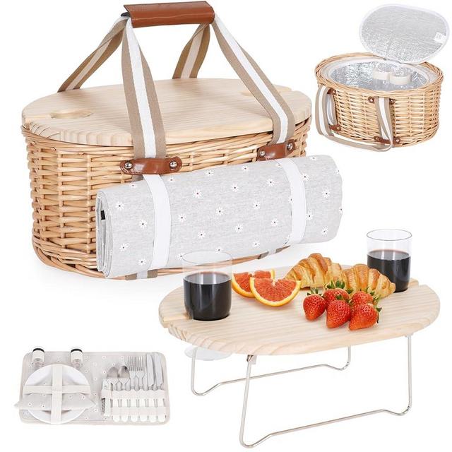Zettfuly Picnic Basket Set for 2 - Wicker Insulated Picnic Basket with Waterproof Blanket, Folding Wine Picnic Table & Cutlery Kits, Picnic Baskets Kit for Camping, Outdoor, Valentine (White Flower)