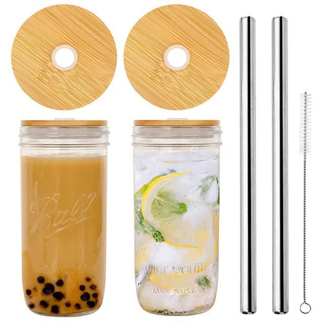 Mason Jar with Lid and Straw, 24oz Wide Mouth Mason Jar Drinking Glasses Tumbler, Transparent Silicone Sleeve Bamboo Lid, Reusable Boba Cups Travel Bottle for Iced Coffee Large Pearl Juices Cocktail