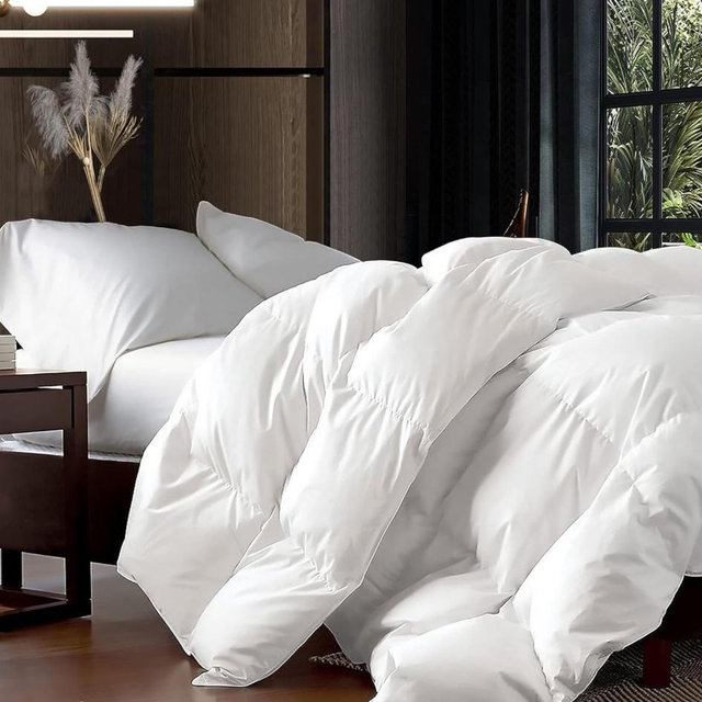 Luxurious Oversized King 108" x 98" Size Goose Down Fiber Waterfowl Feather Fiber Comforter Duvet, 100% Egyptian Cotton Cover, 65 oz. Fill Weight, Baffle Box Design, White Solid