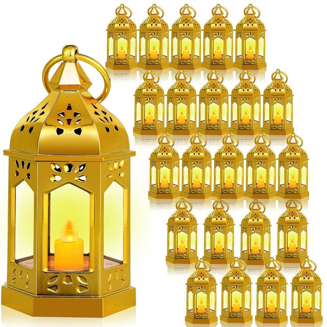Hortsun 24 Pcs Christmas Lantern Vintage LED Lantern Wedding Festival Lantern with Flickery LED Candles Battery Powered Wedding Decorative Candle Lanterns Hanging Tealight Lantern Party(Glitter)