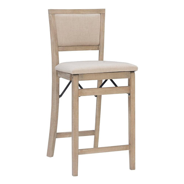 Linon Keira Natural Rustic Wooden Folding Counter Stool with Beige Upholstered Seat and Back
