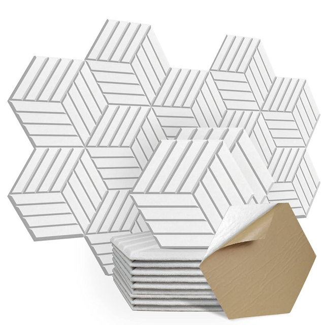 SHJADE 12 Pack Acoustic Panel Self-Adhesive, 14" X 12" X 0.4"High Density Sound Proof Padding, Hexagon Sound proof Insulation Beveled Edge Wall Tiles(White)