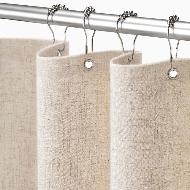 XOGUIBO Linen Shower Curtain Beige, Fabric Boho Farmhouse Shower Curtains for Bathroom Cream Cotton Natural Cloth Liner Set 72" W x 72" L