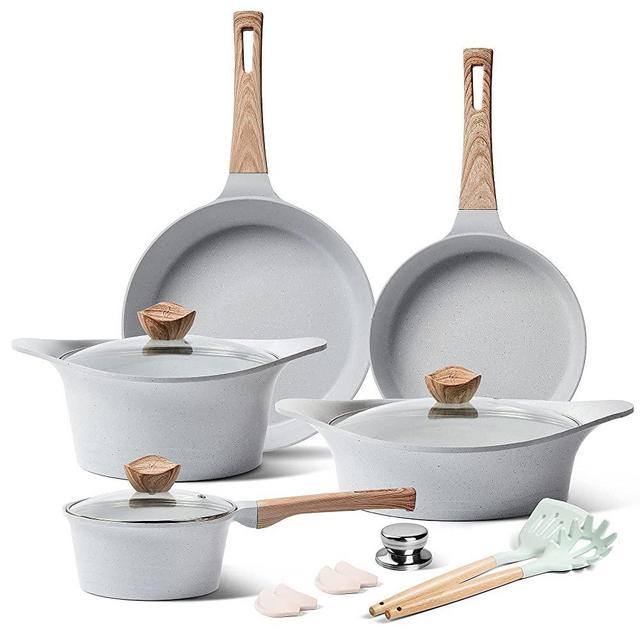 YIIFEEO Cookware Set, Nonstick Pans and Pots Sets, Stone Non Stick Frying Pans and Saucepan Sets with Cooking Utensils,Induction Compatible (Light Grey)