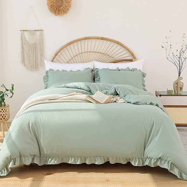 JANZAA Queen Comforter Set Sage Green Comforter 3PCS（1 Ruffled Comforter Set and 2 Pillowcases） Vintage Farmhouse Shabby Chic Bedding Soft Fluffy Comforter Set All Season