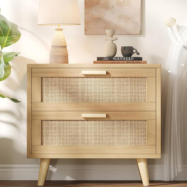 Keehusux 23.6" W Rattan Nightstand with Charging Station, Large Bedside Table with 2 Drawers, Wooden End Table with Solid Wood Legs, Boho Night Stand for Bedroom, Natural Oak KES009MECTG