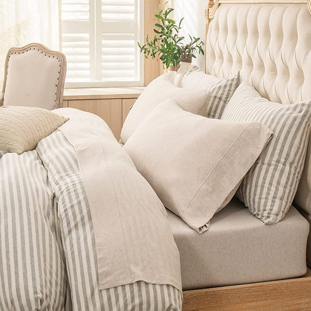 PURE ERA Jersey Knit 4pc Bed Sheet Set 100% T-Shirt Heather Cotton Super Soft Comfy Breathable Fits Mattress Up to 20" Extra Deep Pocket (Beige, Queen)