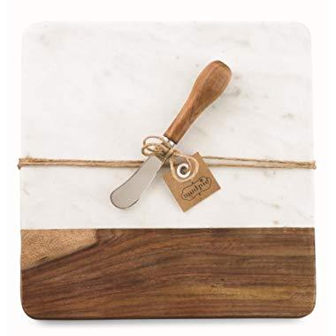 Mud Pie 4751032 Marble and Wood Serving Board and Spreader, White