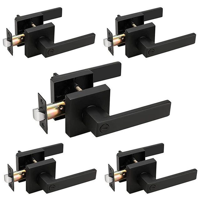 Probrico Heavy Duty Flat Black Square Privacy Interior Door Levers Bedroom and Bathroom Door Handles Keyless Bed/Bath Lockset (5 Pack)